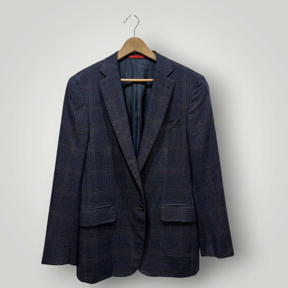 Isaia Napoli Cashmere Silk Blazer Navy Brown Plaid Nuova Base S Italy Size 42R